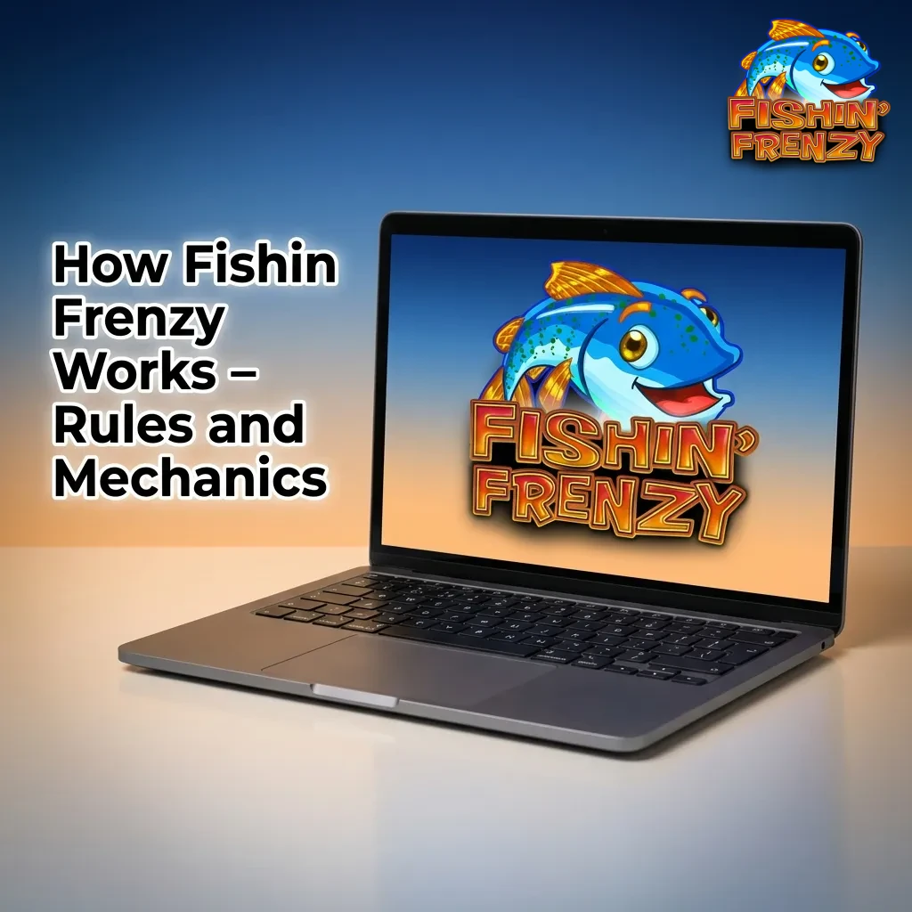 Fishin Frenzy slot game interface showing 5 reels, 10 paylines, and fishing-themed symbols with bet controls at bottom