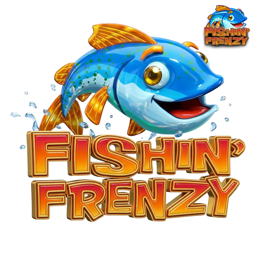 Colorful fishing-themed slot machine screen showing Fishin Frenzy game with reels, fish symbols, and water background