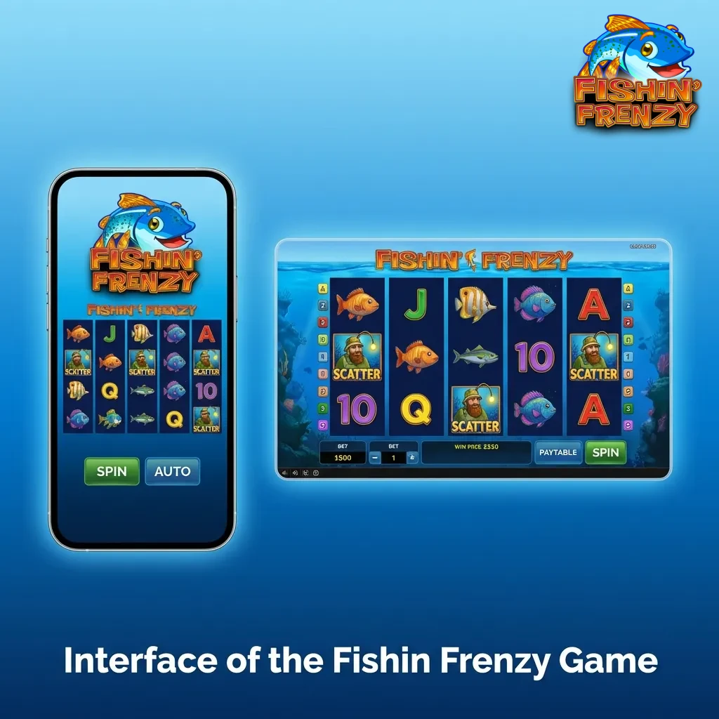 Fishin Frenzy's 5-reel slot interface with underwater theme and bottom-positioned controls for stake, spin, and autoplay